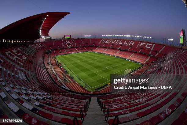 General view inside the stadium at Estadio Ramon Sanchez Pizjuan on May 16, 2022 in Seville, Spain. Rangers FC will face Eintracht Frankfurt in the...