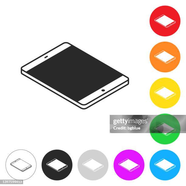 isometric tablet pc - flat position. icon on colorful buttons - phone lying flat stock illustrations