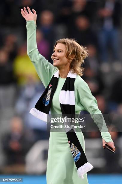 Amanda Staveley, Director of Newcastle United acknowledges the fans from the pitch at half-time during the Premier League match between Newcastle...