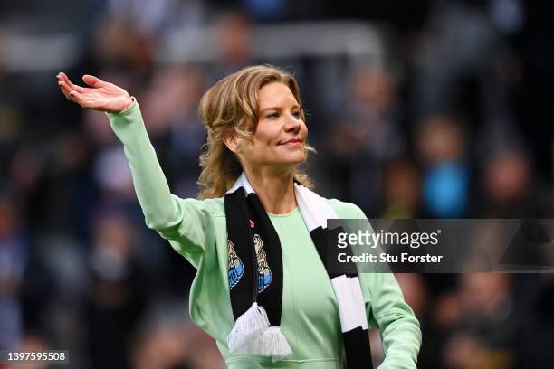 Amanda Staveley, Director of Newcastle United acknowledges the fans from the pitch at half-time during the Premier League match between Newcastle...