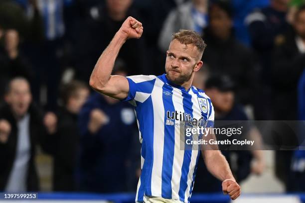 Jordan Rhodes of Huddersfield Town celebrates the opening goal during the Sky Bet Championship Play-Off Semi Final 2nd Leg match between Huddersfield...