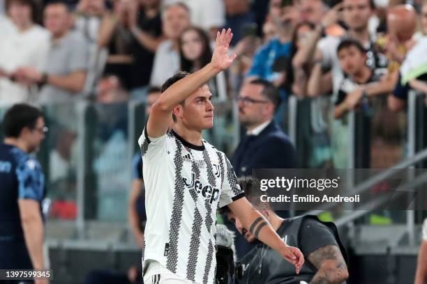 Paulo Dybala of Juventus acknowledges the fans as he is substituted off during the Serie A match between Juventus and SS Lazio at Allianz Stadium on...