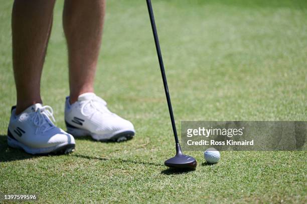 Detailed view of a 7-wood golf club belonging to Matt Fitzpatrick of England as he chips to a green during a practice round prior to the start of the...