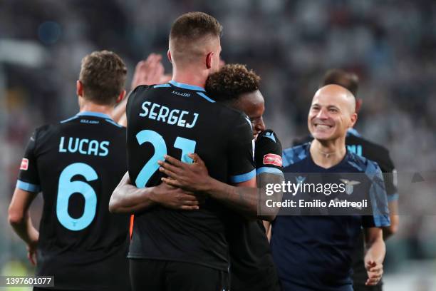 Sergej Milinkovic-Savic of SS Lazio celebrates with teammates after scoring their team's second goal during the Serie A match between Juventus and SS...