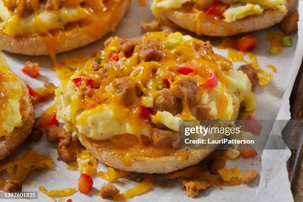 english muffin breakfast pizza - english muffin stock pictures, royalty-free photos & images