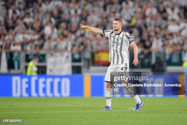 Matthijs de Ligt of Juventus gestures during the Serie A match between Juventus and SS Lazio at Allianz Stadium on May 16, 2022 in Turin, Italy.
