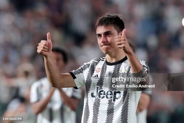 Paulo Dybala of Juventus acknowledges the fans following their draw in the Serie A match between Juventus and SS Lazio at Allianz Stadium on May 16,...