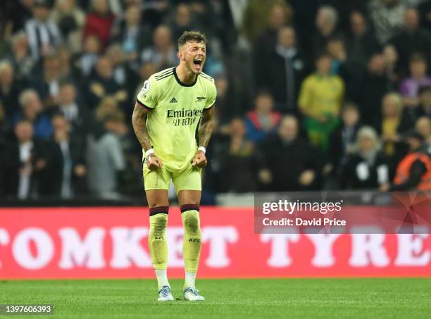 Ben White of Arsenal reacts during the Premier League match between Newcastle United and Arsenal at St. James Park on May 16, 2022 in Newcastle upon...