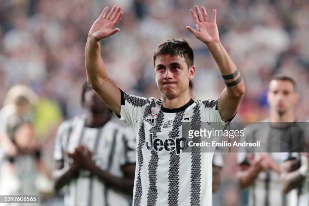 Paulo Dybala of Juventus acknowledges the fans during a tribute from teammates and fans following their draw in the Serie A match between Juventus...
