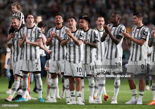 Paulo Dybala of Juventus acknowledges the fans during a tribute from teammates and fans following their draw in the Serie A match between Juventus...