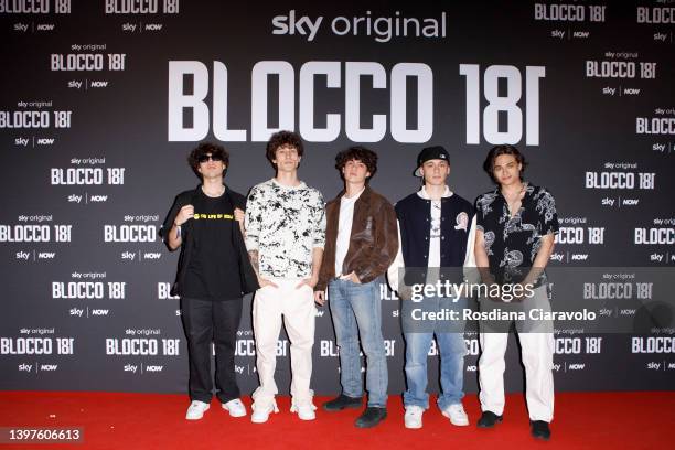 Lele Giaccari, Diego Lazzari, Chicco Bertozzi, Davide Valvalà and Enea Barozzi attend the "Blocco 181" Premiere at Cinema Colosseo on May 16, 2022 in...