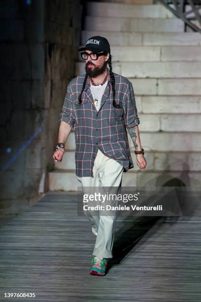 Designer Alessandro Michele aknowledges the applause of the public during Gucci Cosmogonie at Castel Del Monte on May 16, 2022 in Andria, Italy.