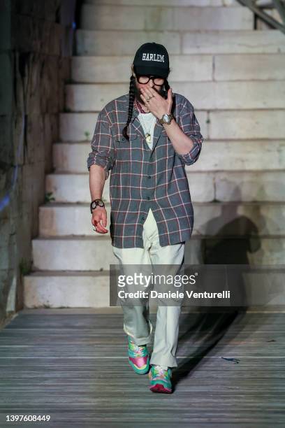 Designer Alessandro Michele aknowledges the applause of the public during Gucci Cosmogonie at Castel Del Monte on May 16, 2022 in Andria, Italy.