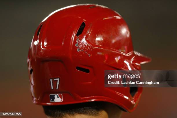Detail shot of the helmet worn by Shohei Ohtani of the Los Angeles Angels during game two of a doubleheader against the Oakland Athletics at...