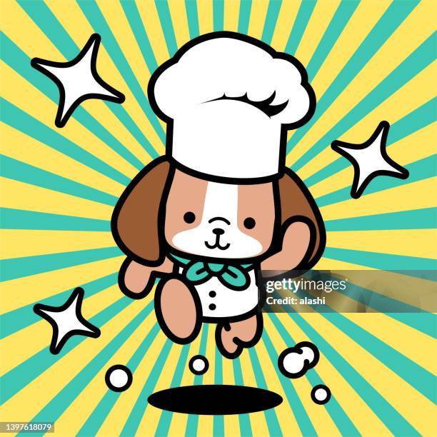 a cute dog chef wearing a chef's hat is running toward the camera - chef full length stock illustrations