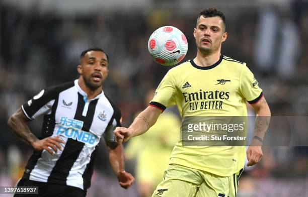 Arsenal player Granit Xhaka in action during the Premier League match between Newcastle United and Arsenal at St. James Park on May 16, 2022 in...