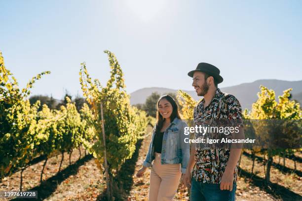 couple visiting an organic vineyard - valparaíso chili stockfoto's en -beelden