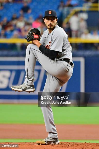 Alex Faedo of the Detroit Tigers delivers a pitch to the Tampa Bay Rays in the first inning at Tropicana Field on May 16, 2022 in St Petersburg,...