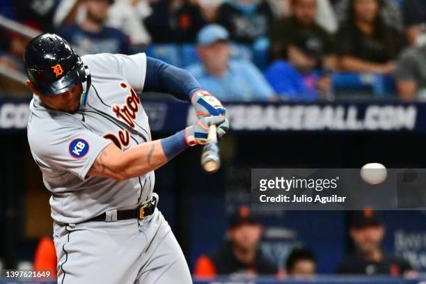Miguel Cabrera of the Detroit Tigers hits a single in the fourth inning against the Tampa Bay Rays at Tropicana Field on May 16, 2022 in St...
