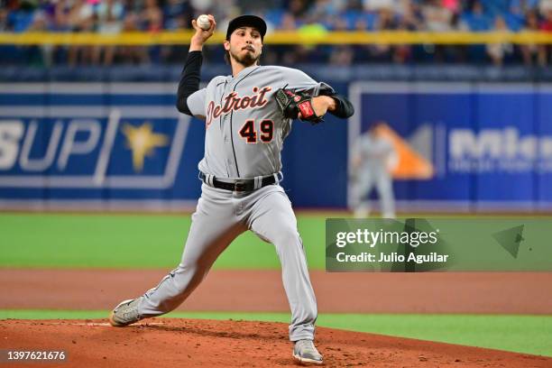 Alex Faedo of the Detroit Tigers delivers a pitch to the Tampa Bay Rays in the first inning at Tropicana Field on May 16, 2022 in St Petersburg,...