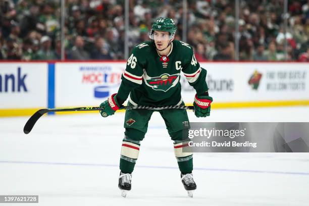 Jared Spurgeon of the Minnesota Wild looks on against the St. Louis Blues in the second period in Game One of the First Round of the 2022 Stanley Cup...