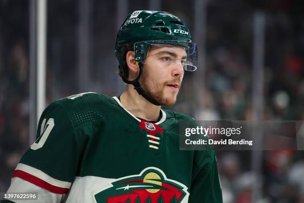 Tyson Jost of the Minnesota Wild looks on against the St. Louis Blues in the first period in Game Two of the First Round of the 2022 Stanley Cup...