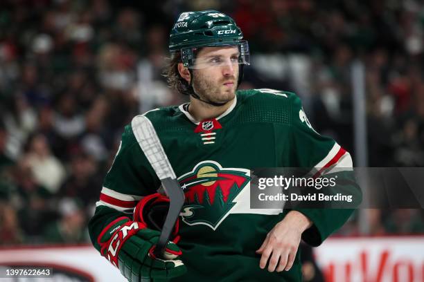 Ryan Hartman of the Minnesota Wild looks on against the St. Louis Blues in the first period in Game Two of the First Round of the 2022 Stanley Cup...