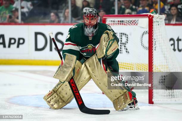 Marc-Andre Fleury of the Minnesota Wild defends his net against the St. Louis Blues in the first period in Game Five of the First Round of the 2022...