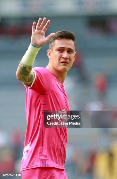 Raul Gudiño, goalkeeper of Chivas cries during the quartefinals first leg match between Chivas and Atlas as part of the Torneo Grita Mexico C22 Liga...