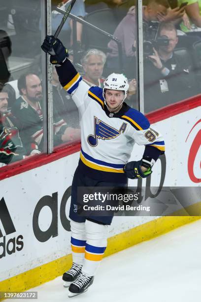 Vladimir Tarasenko of the St. Louis Blues celebrates his goal against the Minnesota Wild in the third period in Game Five of the First Round of the...