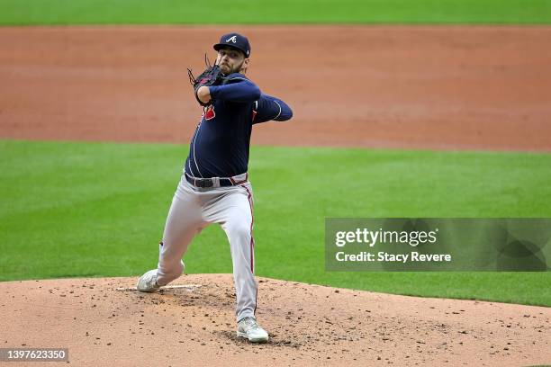 Ian Anderson of the Atlanta Braves throws a pitch during the second inning against the Milwaukee Brewers at American Family Field on May 16, 2022 in...