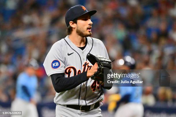 Alex Faedo of the Detroit Tigers reacts after the third inning against the Tampa Bay Rays at Tropicana Field on May 16, 2022 in St Petersburg,...