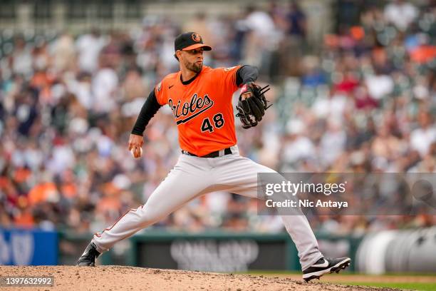 Jorge Lopez of the Baltimore Orioles delivers a pitch against the Detroit Tigers at Comerica Park on May 14, 2022 in Detroit, Michigan.