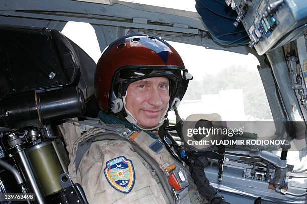 Picture taken on August 16 shows Vladimir Putin, then Russia’s President, sitting in the cockpit of Tupolev Tu-160 strategic bomber jet at a military...