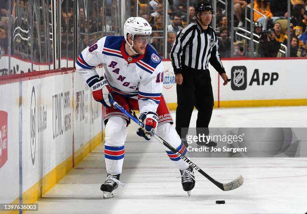 Andrew Copp of the New York Rangers skates against the Pittsburgh Penguins in Game Six of the First Round of the 2022 Stanley Cup Playoffs at PPG...