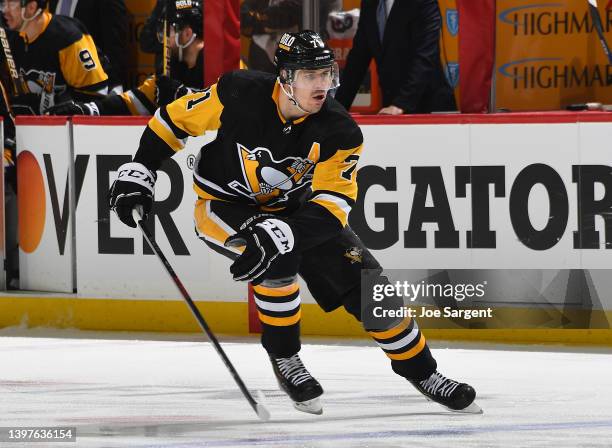 Evgeni Malkin of the Pittsburgh Penguins skates against the New York Rangers in Game Six of the First Round of the 2022 Stanley Cup Playoffs at PPG...