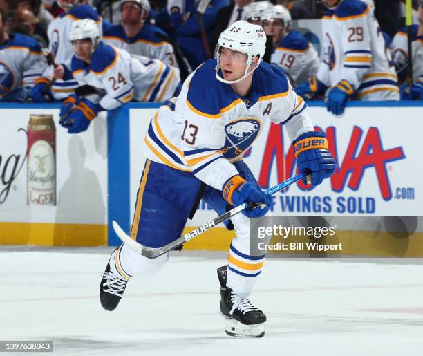 Mark Pysyk of the Buffalo Sabres skates against the Chicago Blackhawks during an NHL game on April 29, 2022 at KeyBank Center in Buffalo, New York.