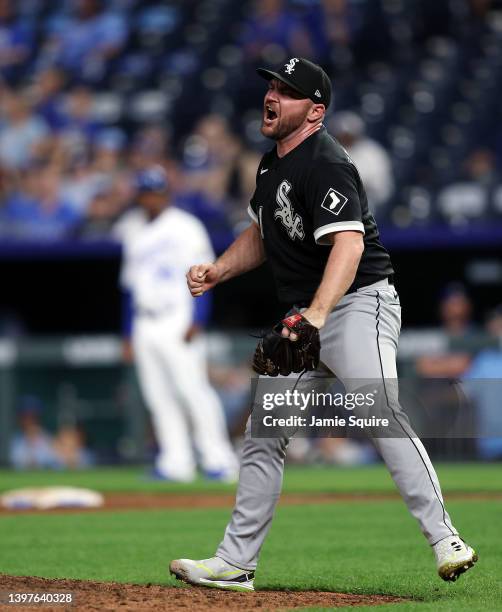 Relief pitcher Liam Hendriks of the Chicago White Sox reacts after striking out the final batter to end the game against the Kansas City Royals in...