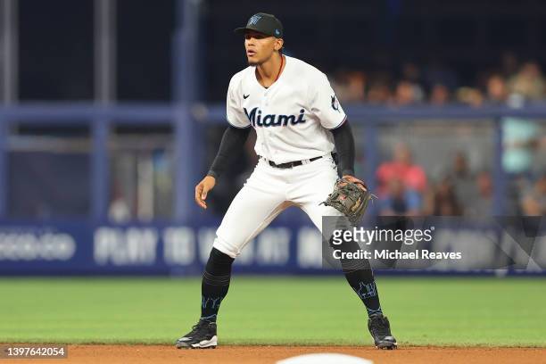 Erik Gonzalez of the Miami Marlins in action against the Milwaukee Brewers at loanDepot park on May 14, 2022 in Miami, Florida.
