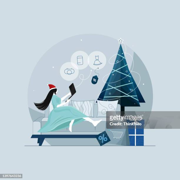 christmas special sale offer, online shopping with big discount concept - shopping online blue stock illustrations