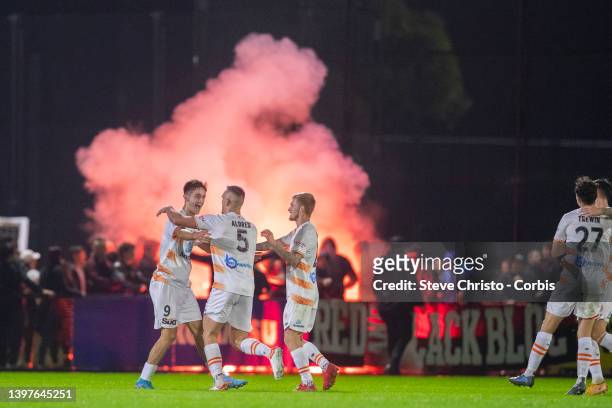 Luke Ivanovic of the Roar reacts to scoring a goal during the Australia Cup Playoff match between the Western Sydney Wanderers and the Brisbane Roar...