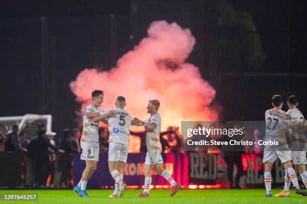 Luke Ivanovic of the Roar reacts to scoring a goal during the Australia Cup Playoff match between the Western Sydney Wanderers and the Brisbane Roar...