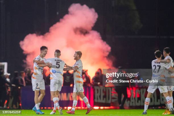 Luke Ivanovic of the Roar reacts to scoring a goal during the Australia Cup Playoff match between the Western Sydney Wanderers and the Brisbane Roar...