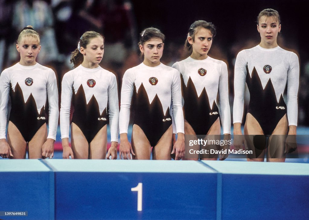 Eva Rueda The Unified team wait to receive their gold medals on July 28, 1992 ...