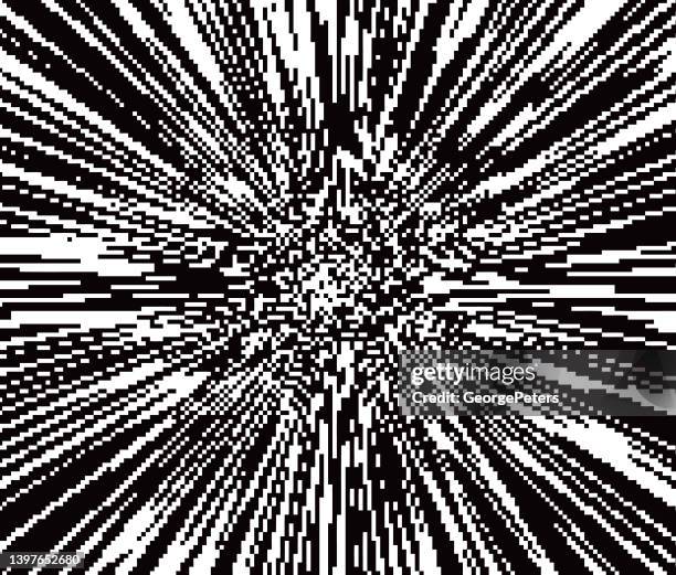ilustraciones, imágenes clip art, dibujos animados e iconos de stock de fondo de zoom pixelado con técnica de glitch - erupción solar