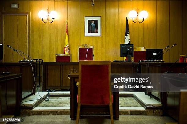 Portrait of King Juan Carlos of Spain hangs on the wall at the Palma de Mallorca courtroom, where The Duke of Palma, Inaki Urdangarin, will be...