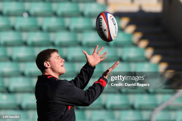 Rhys Priestland, catches the ball during the Wales captain's run at Twickenham on February 24, 2012 in London, England.