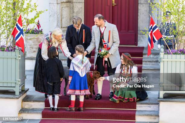 Crown Princess Mette-Marit of Norway, Prince Sverre Magnus of Norway, Crown Prince Haakon of Norway and Princess Ingrid Alexandra of Norway get...