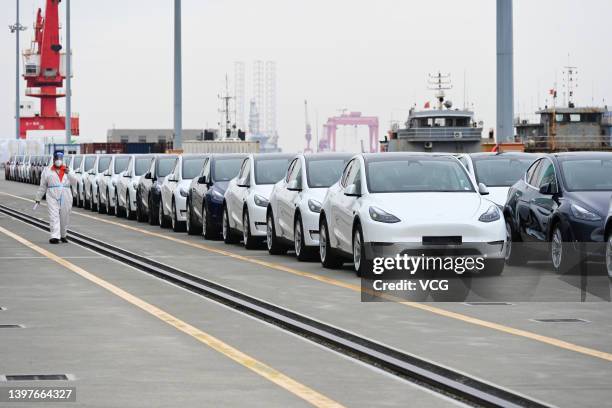 Total of 4,027 Tesla Model Y and Model 3 electric vehicles, which will be sent to the Port of Zeebrugge in Belgium, wait to be loaded on board the...