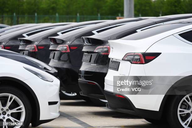 Total of 4,027 Tesla Model Y and Model 3 electric vehicles, which will be sent to the Port of Zeebrugge in Belgium, wait to be loaded on board the...